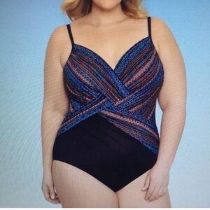 Dreamsuit Slimming Control Wrap Mesh Inset One Piece Swimsuit 10 Black/Blue